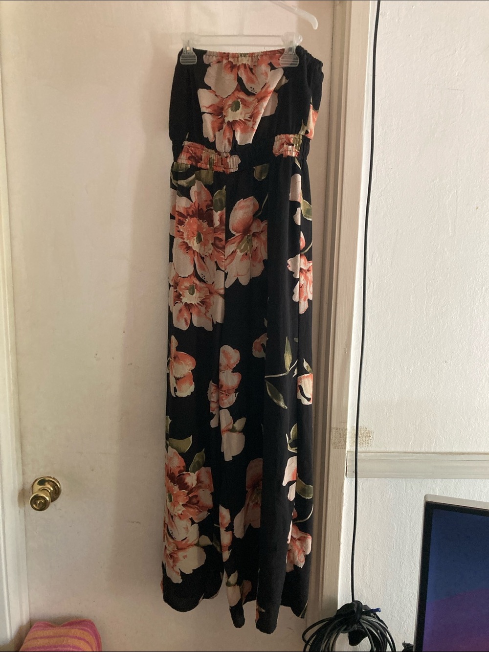 Floral Strapless romper in Black with Peach Blooms